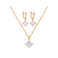 Gold-plated necklace with square cubic zirconia pendant and matching leverback drop earrings