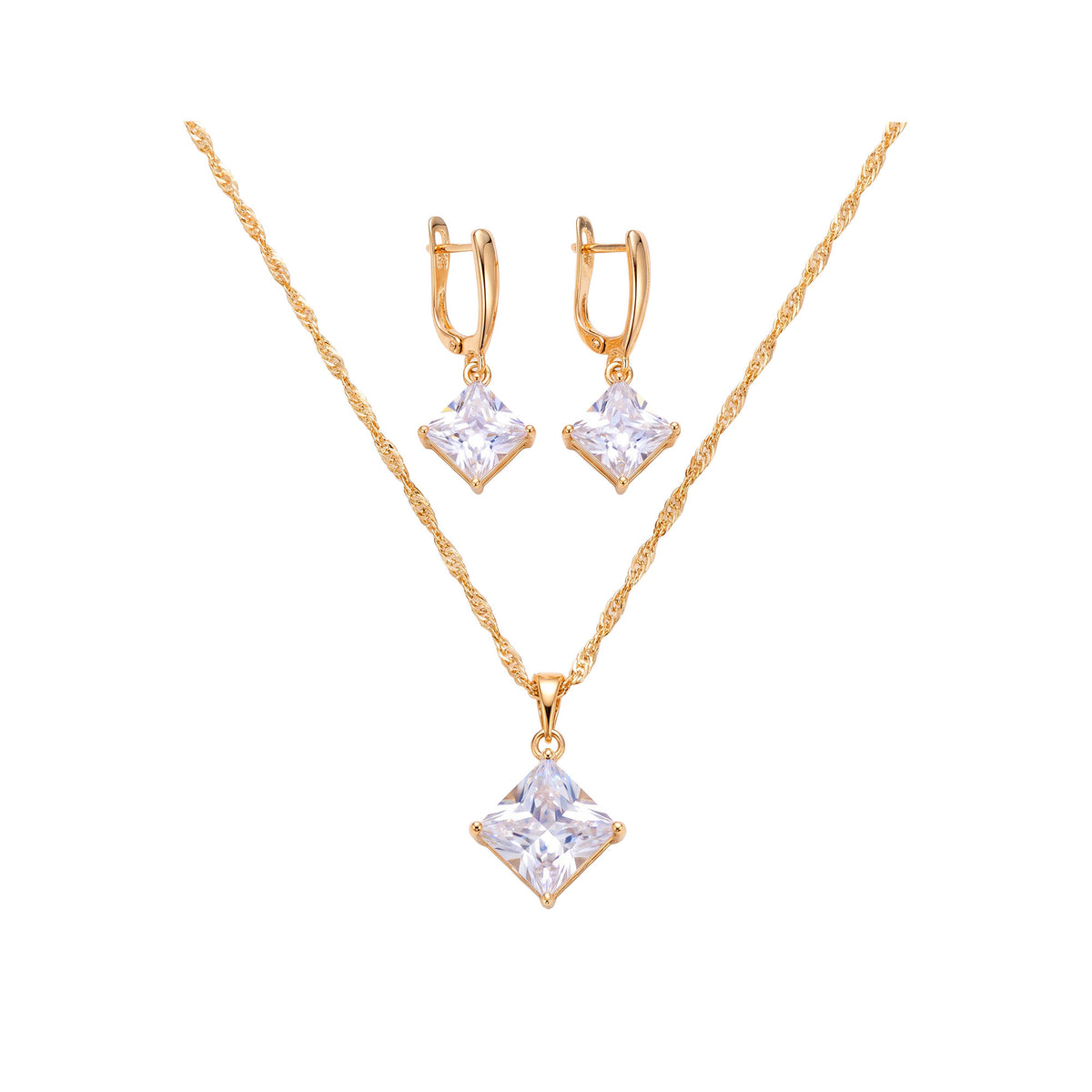 Gold-plated necklace with square cubic zirconia pendant and matching leverback drop earrings