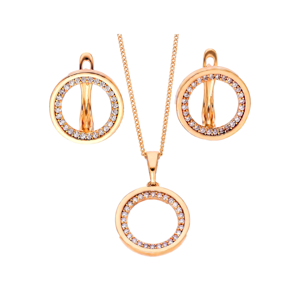 Gold-tone open circle earrings and pendant necklace with cubic zirconia