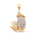 Gold-plated pendant with tiny feet and a hand, one foot in white stones