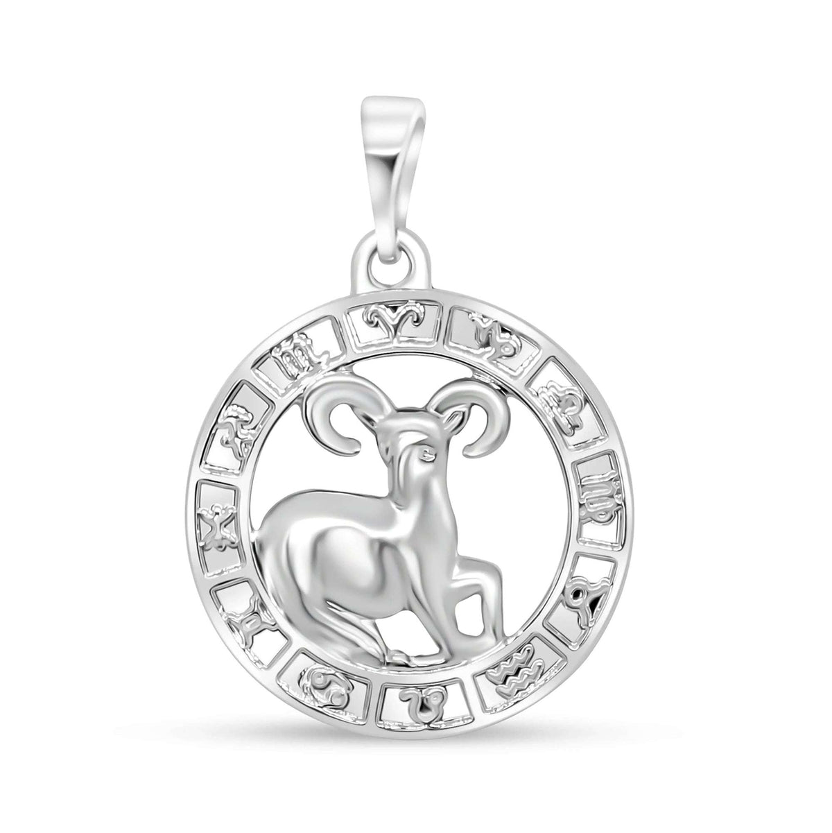 Silver-tone Aries pendant with a raised ram inside a circle of signs