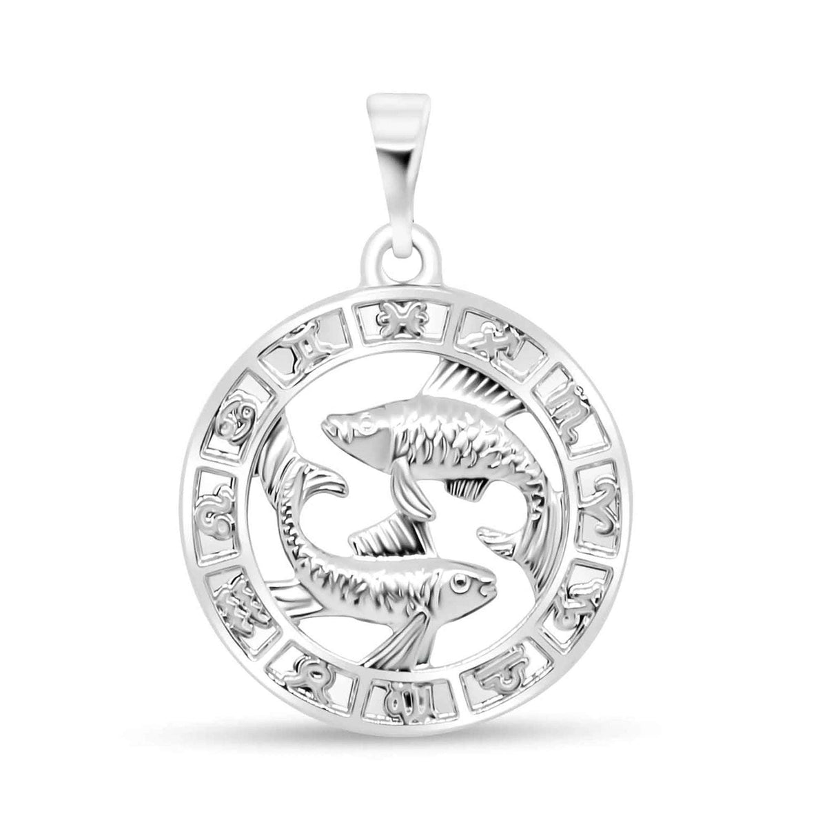 Silver-tone Pisces pendant with two swimming fish and a zodiac sign border