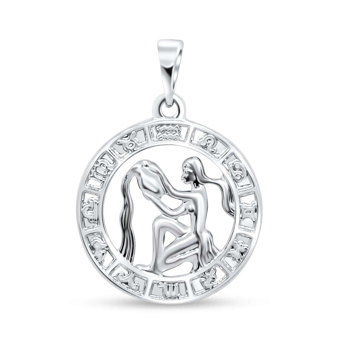 Silver-tone round pendant with Aquarius at the centre and a zodiac border