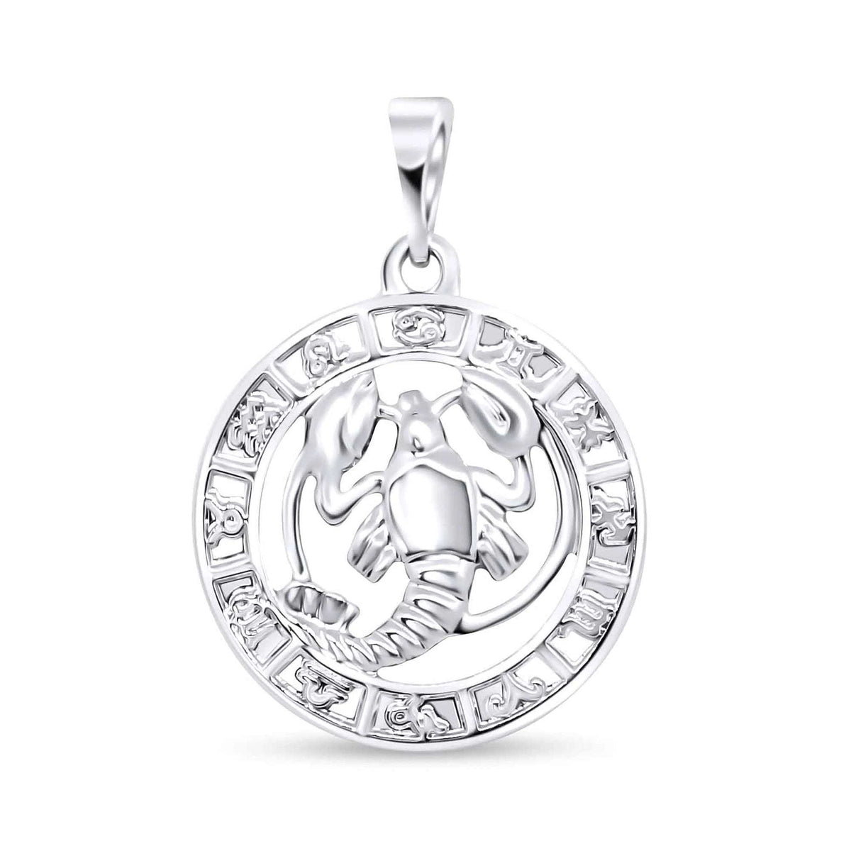Silver-tone Cancer pendant with a raised crab and a circle of signs