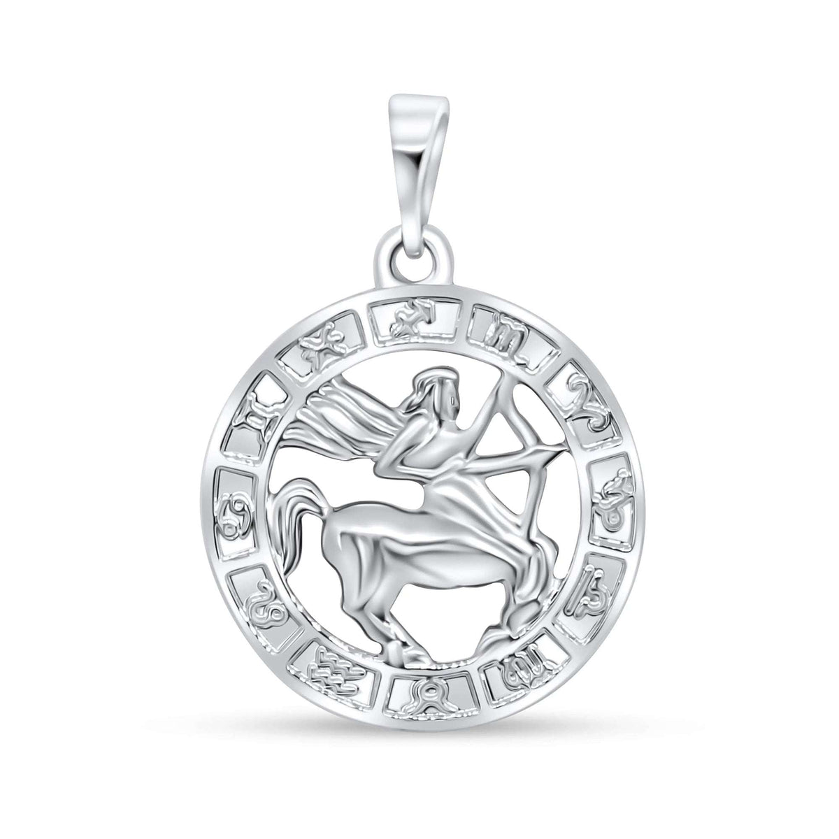 Silver-tone round Sagittarius pendant with a centaur and a border of zodiac symbols