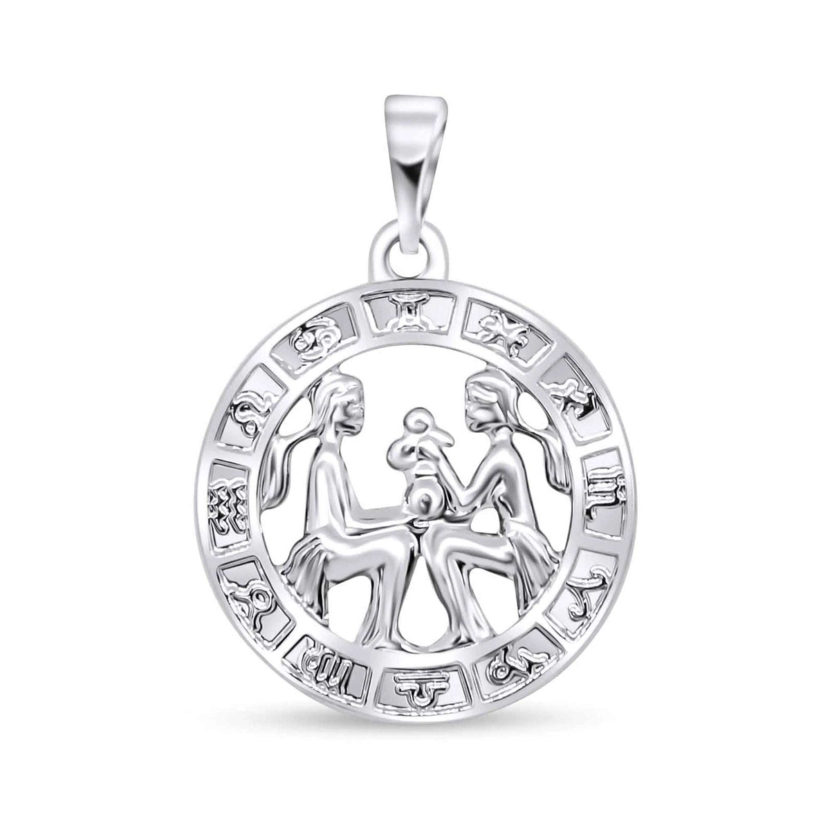 Gemini pendant with two seated figures in a platinum tone