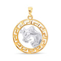 Round pendant with a silver-tone Taurus bull in a gold-plated Greek key frame