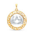 Round gold-plated pendant with a Greek key border and two silver-tone Gemini figures