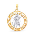 Round gold-plated pendant with a Greek key pattern and a silver-tone Virgo figure