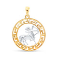 Round gold-plated Sagittarius pendant with a Greek key border and silver-tone centaur