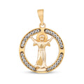 Round gold-plated pendant with an angel figure, raised arms and sparkling cubic zirconia