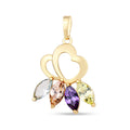 Pendant of two entwined hearts with four multicoloured marquise cubic zirconia, gold tone
