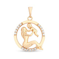 Gold-plated round pendant with a mother and child silhouette, edge set with cubic zirconia