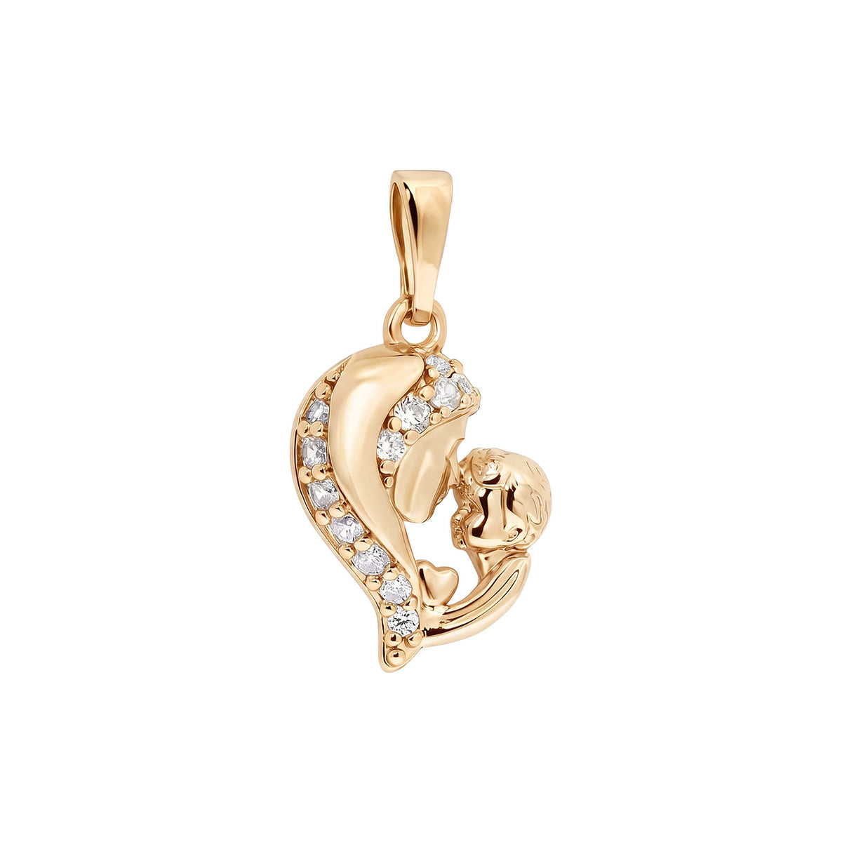 Gold | Heart pendant with a mother and child silhouette and white cubic zirconia