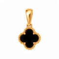 Four-leaf clover pendant in deep black enamel with a beaded gold-tone rim
