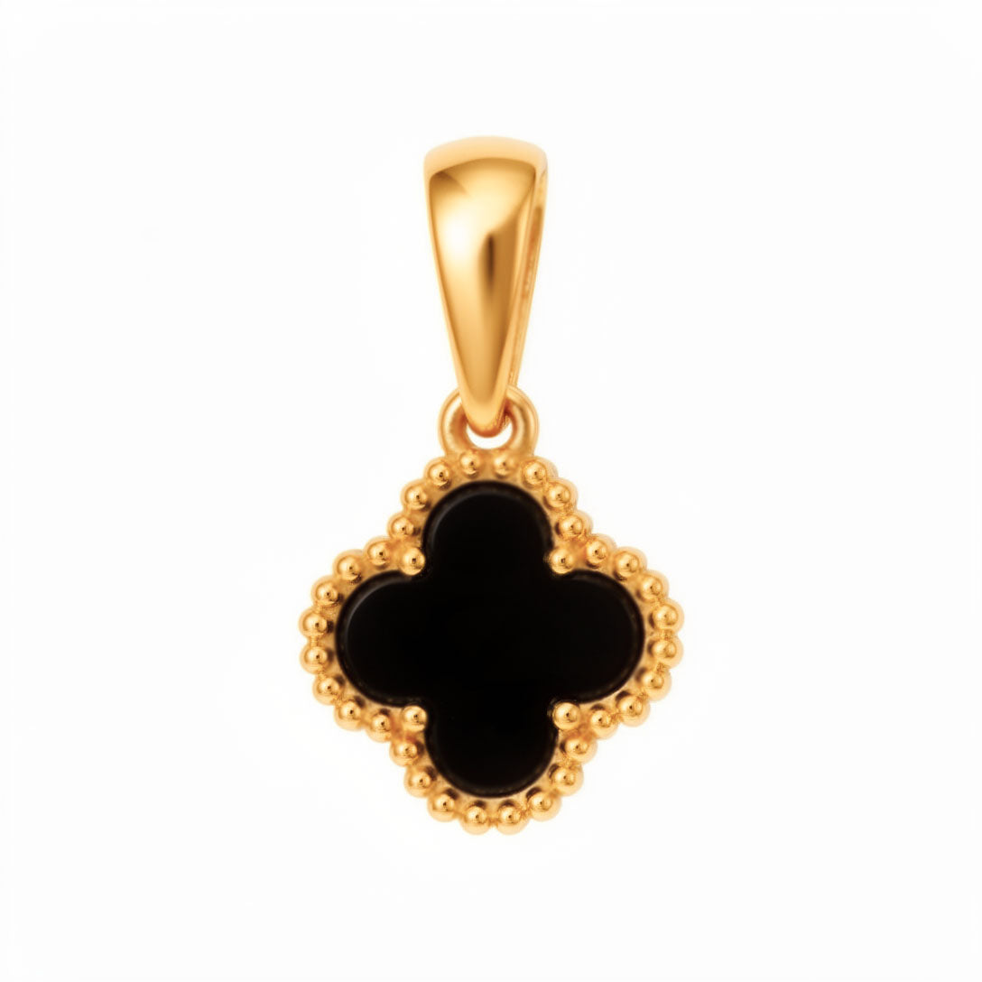 Four-leaf clover pendant in deep black enamel with a beaded gold-tone rim