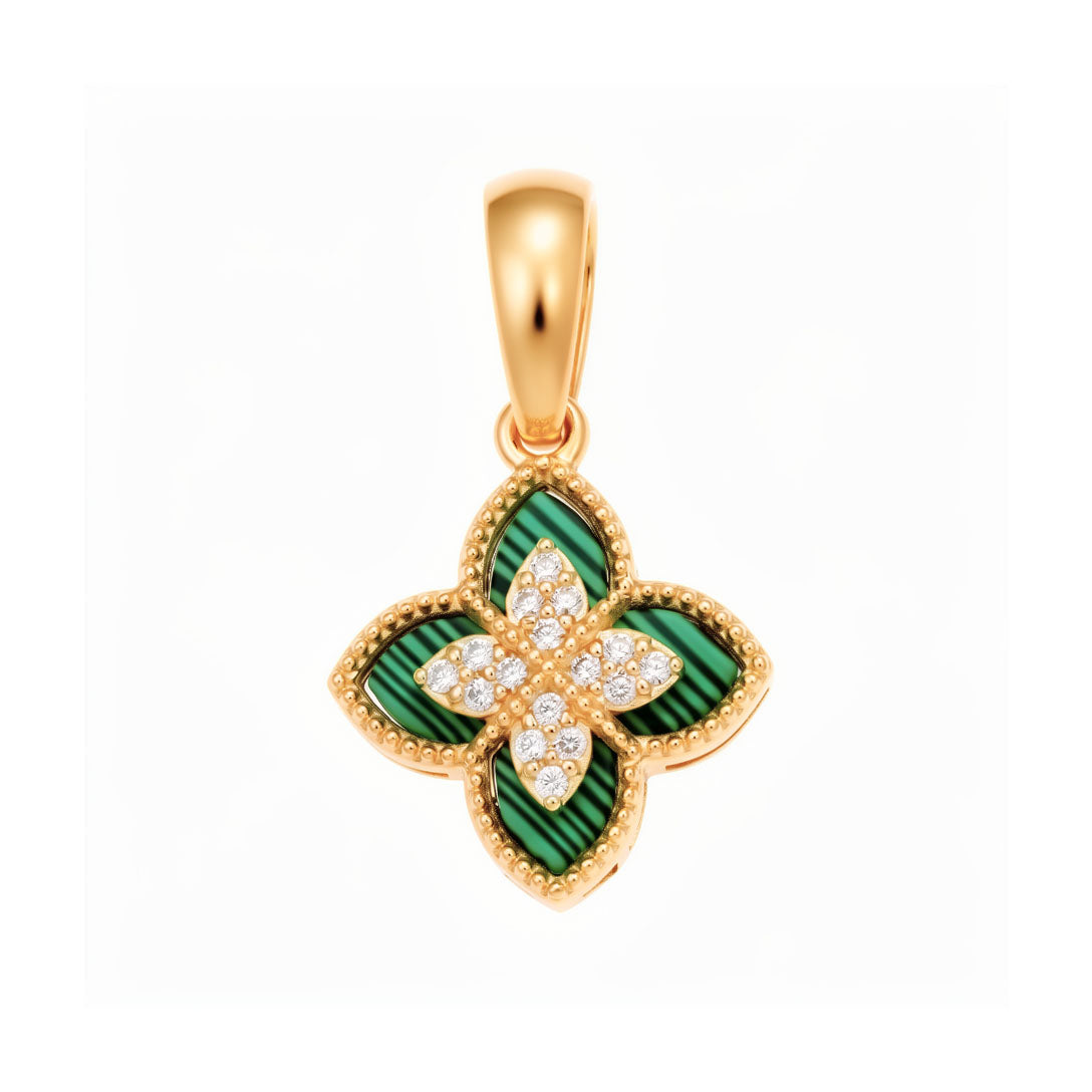 Four-leaf clover pendant with green inlays and clear cubic zirconia, gold-plated