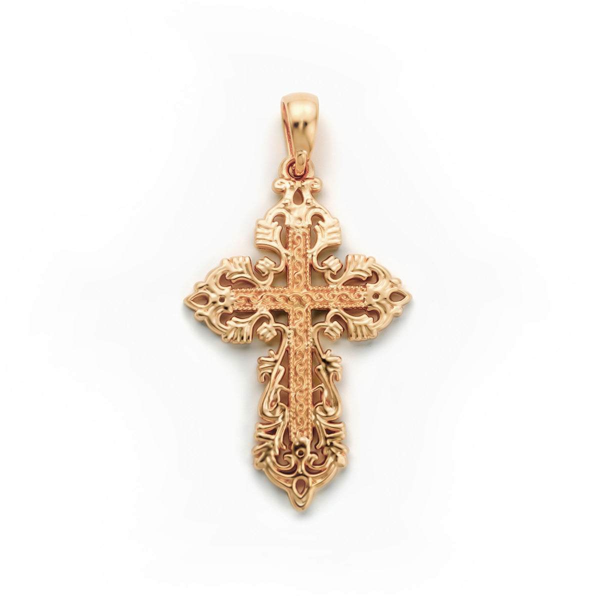 Back of the two-tone cross with cut-out ornament in one gold tone