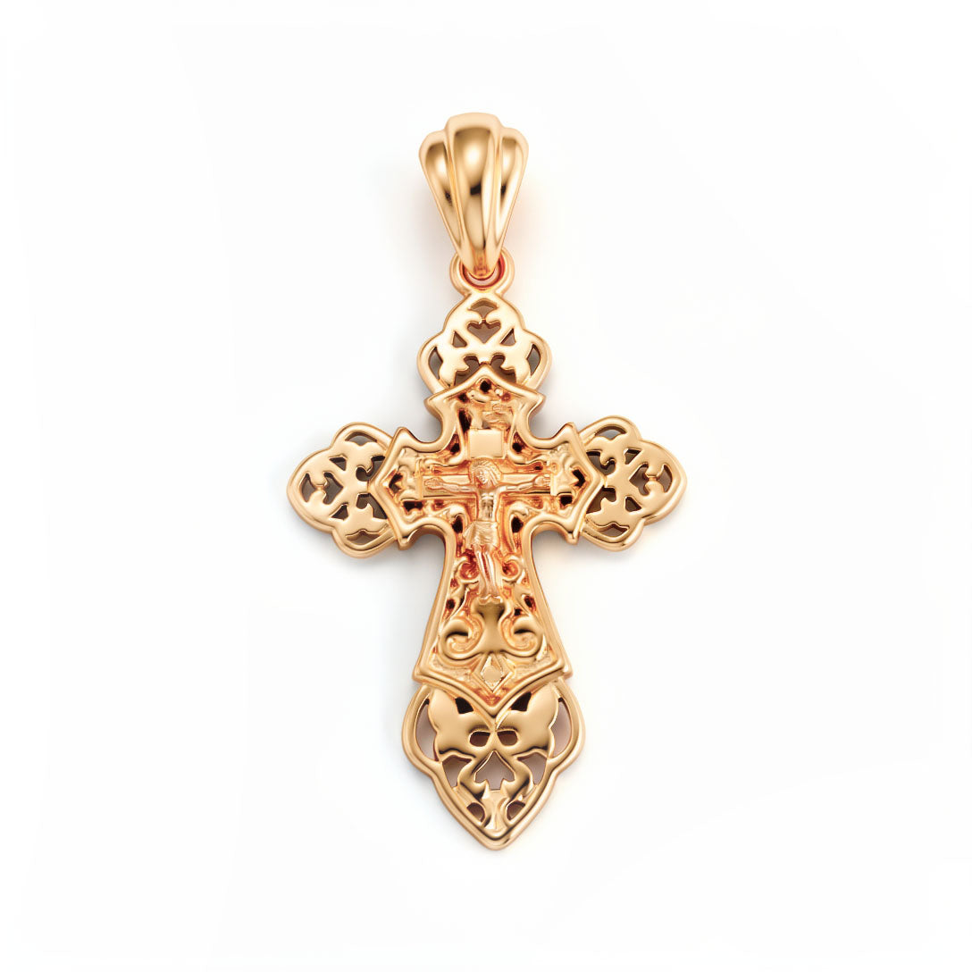 Openwork Orthodox cross pendant with a crucifix on the front, gold-plated