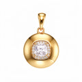 Round gold-plated pendant with a cushion-cut cubic zirconia and small stone border
