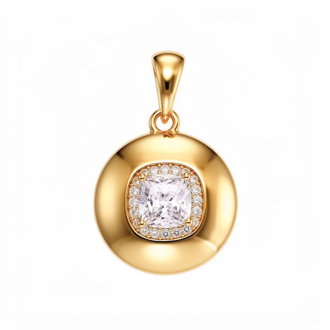 Round gold-plated pendant with a cushion-cut cubic zirconia and small stone border