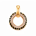 Round gold-plated pendant with black enamel leopard print and a white cubic zirconia circle