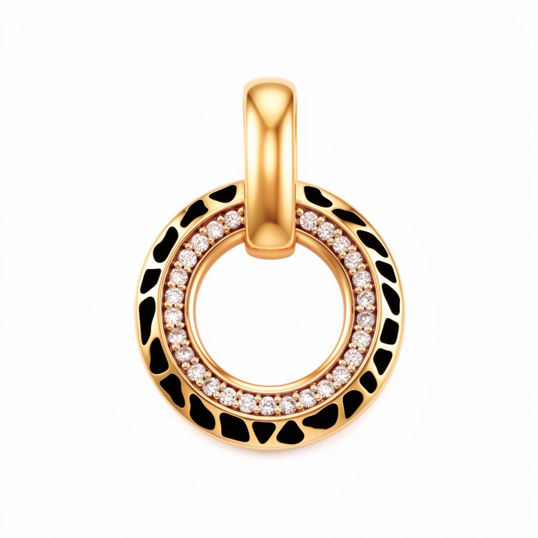 Round gold-plated pendant with black enamel leopard print and a white cubic zirconia circle