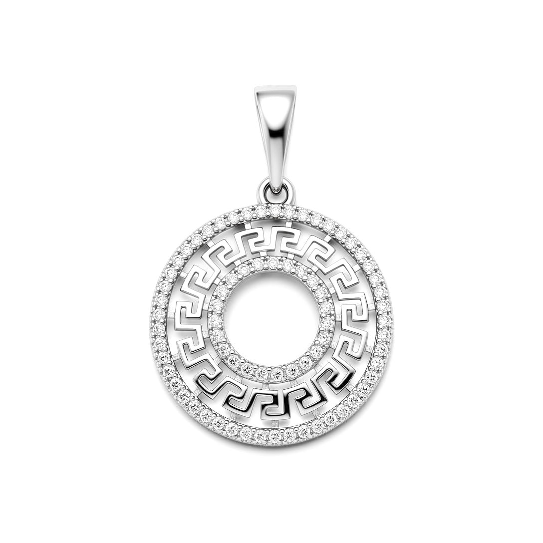 Round openwork pendant with a Greek meander pattern and cubic zirconia, platinum plating