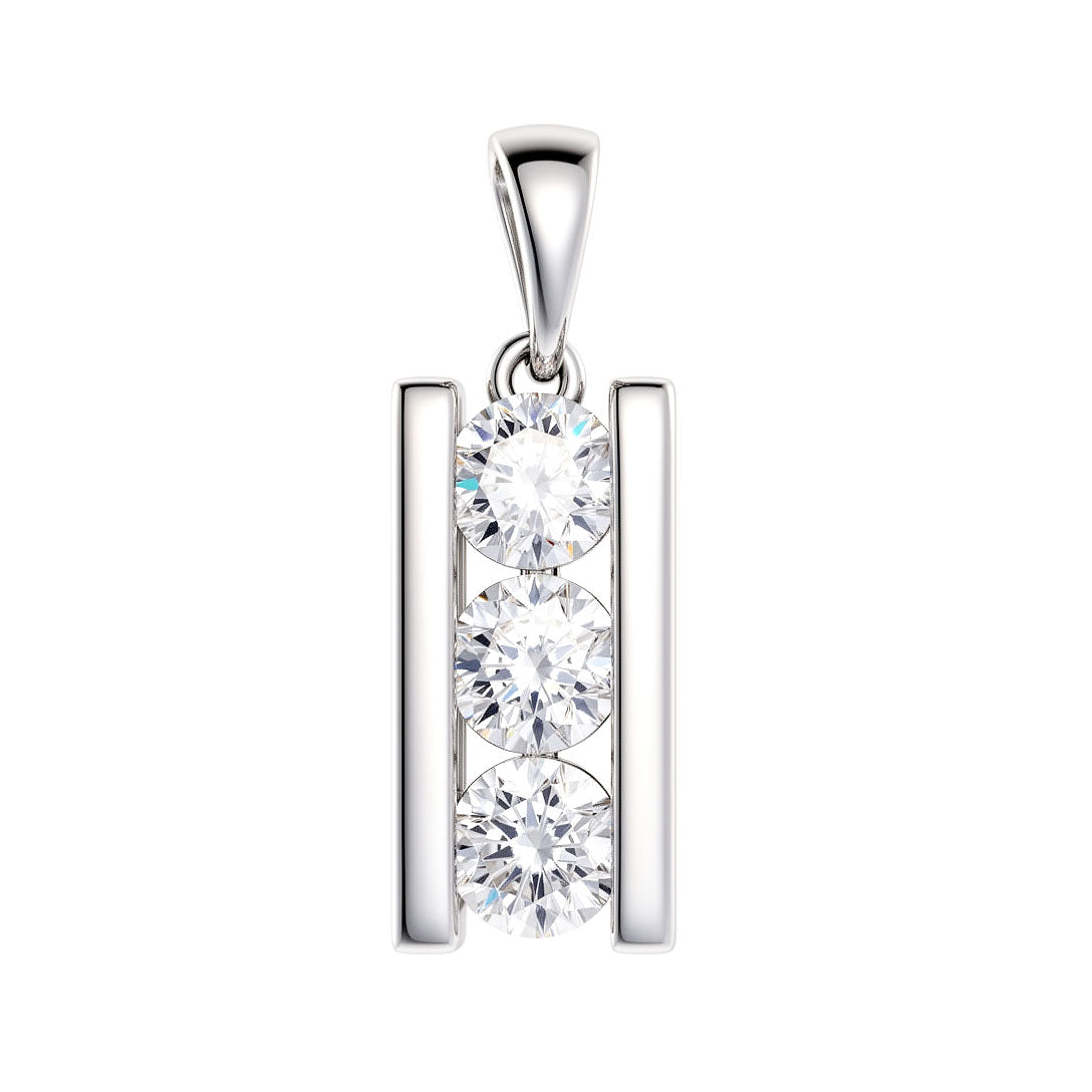 Vertical pendant with three round cubic zirconia between smooth silver-tone plates
