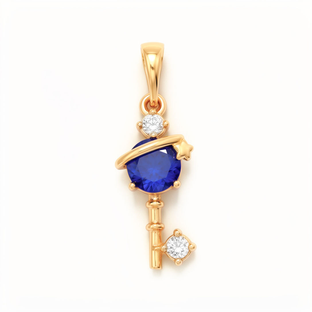 Key-shaped pendant with a round blue cubic zirconia and a star accent