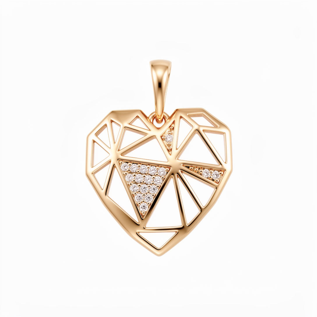 Openwork geometric heart pendant with a triangle pattern and white cubic zirconia