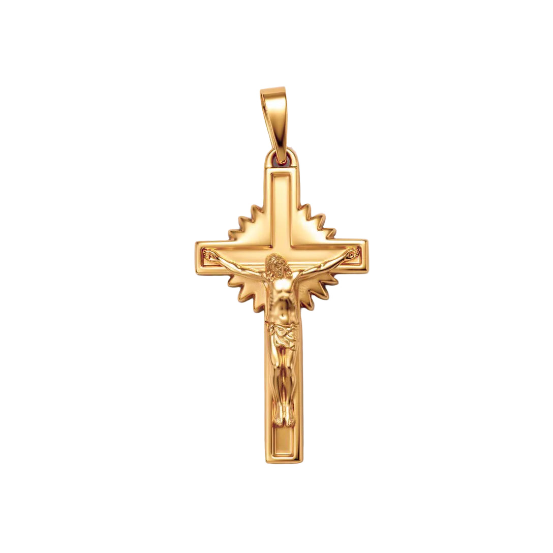 Gold-plated crucifix pendant with the figure of Jesus and a rayed halo