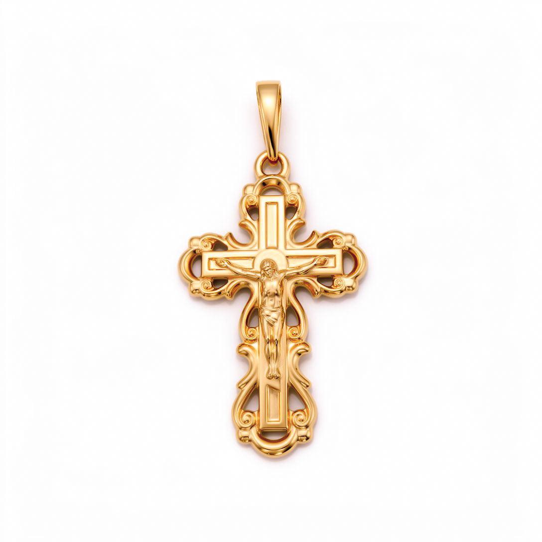 Gold-tone Orthodox cross pendant with openwork scrolls and the figure of Christ