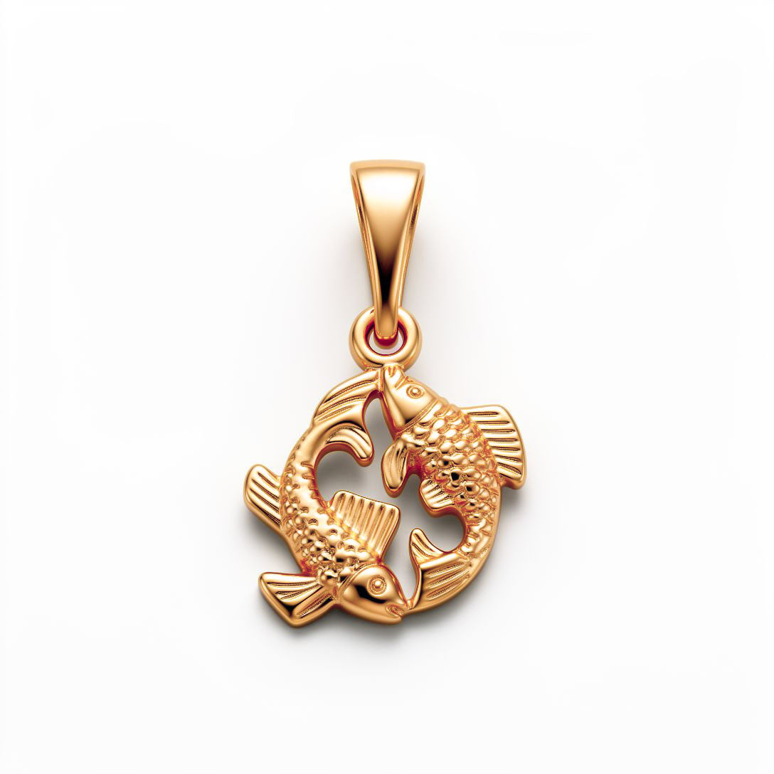 Pisces zodiac pendant in gold tone with two scaly fish facing opposite ways