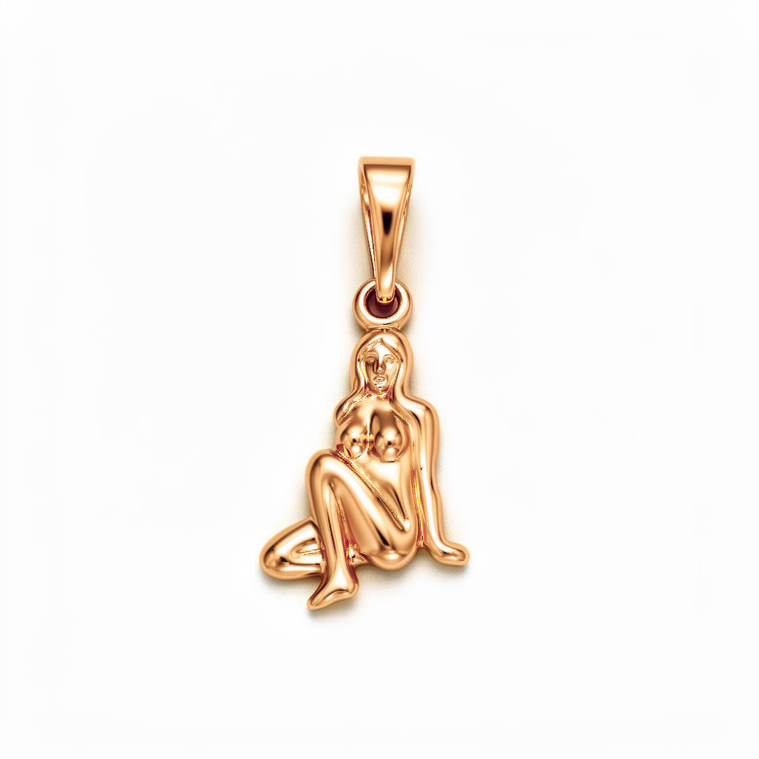 Virgo pendant showing a seated woman, smooth gold-plated surface without stones