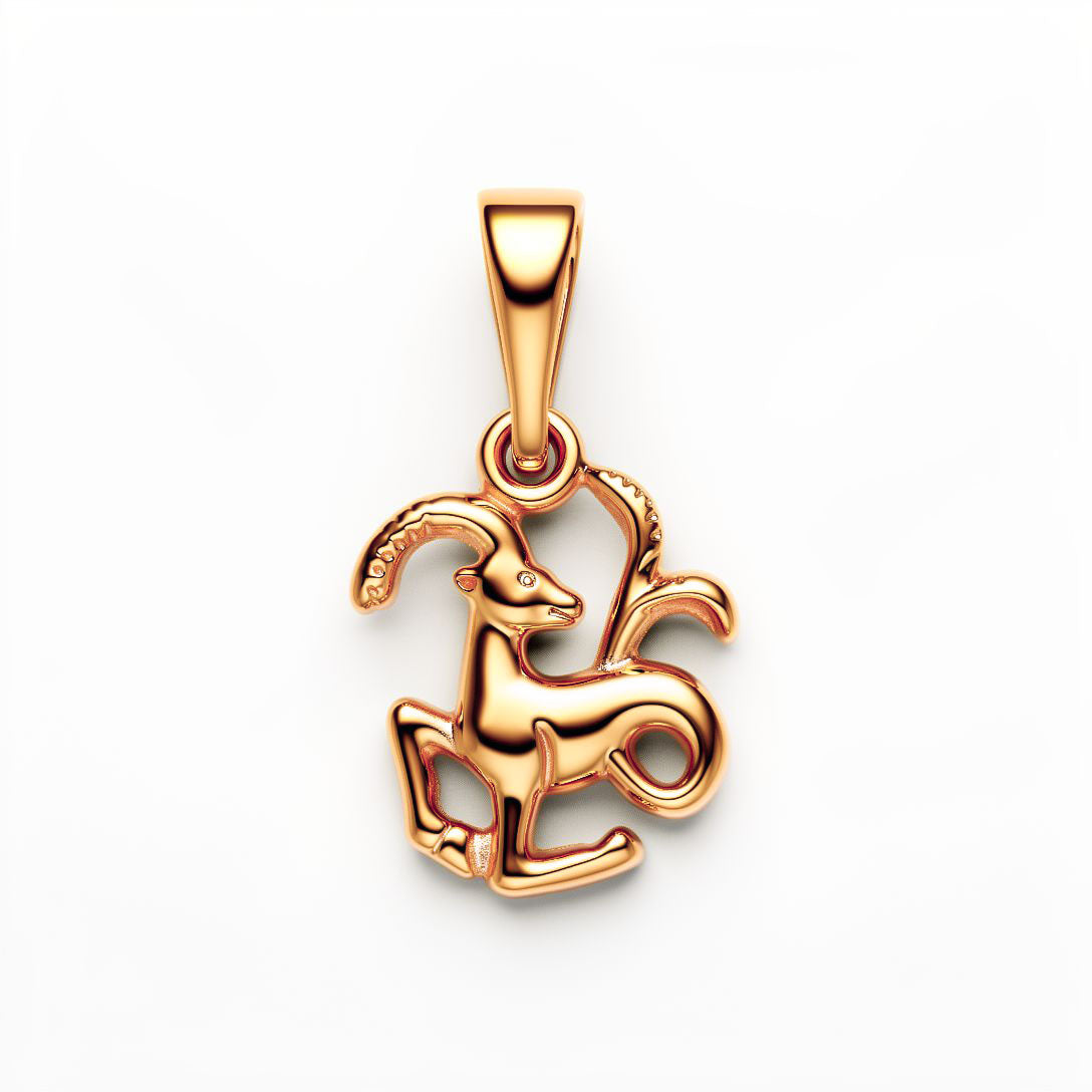Capricorn pendant with spiralling horns, polished gold-plated surface on a white background
