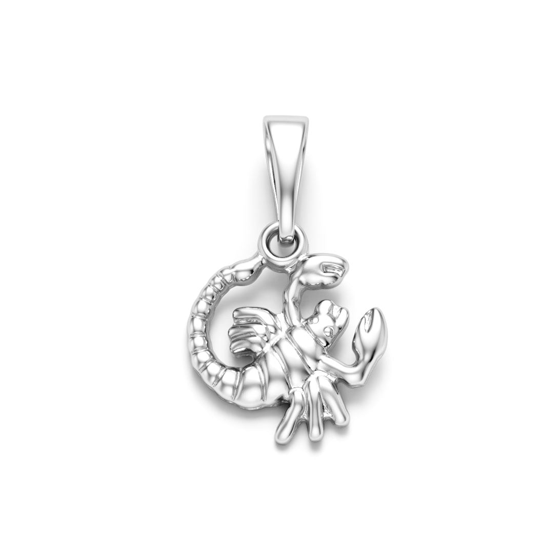 Scorpio pendant with a curved tail and claws in shiny platinum plating