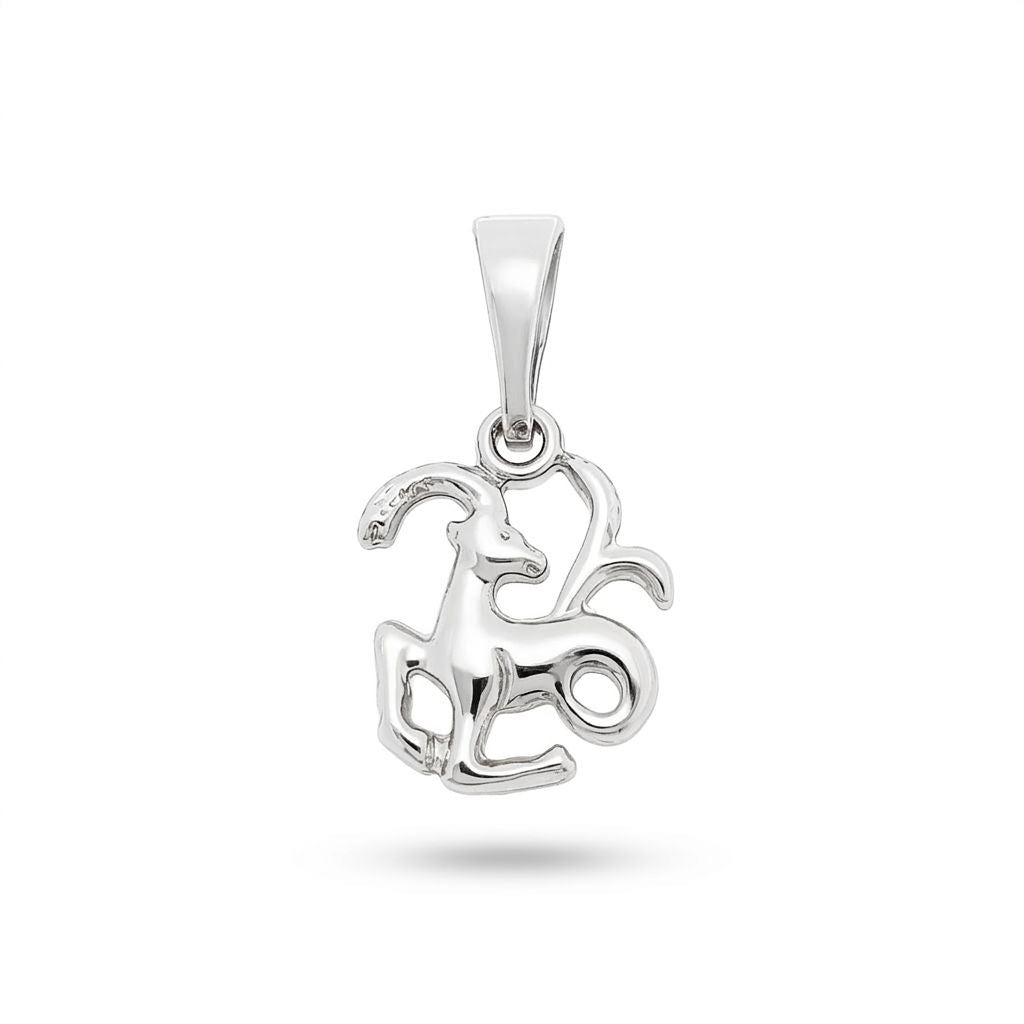 Capricorn pendant with curved horns and an open silhouette in a silver tone