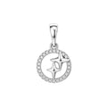 Round pendant with cubic zirconia border and two four-pointed stars, platinum plating