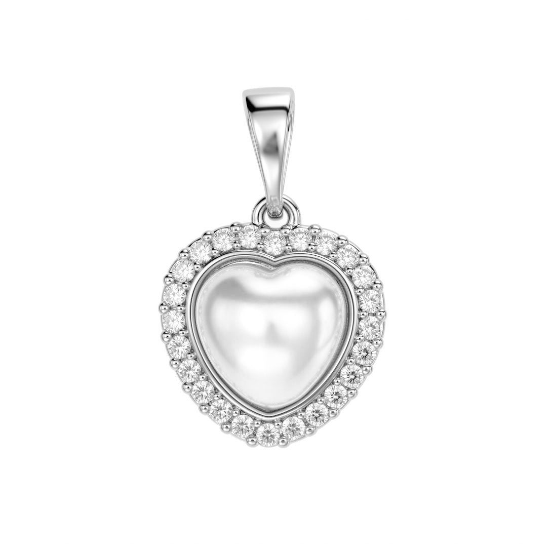 Heart-shaped pendant with a pearl centre and cubic zirconia border in silver tone
