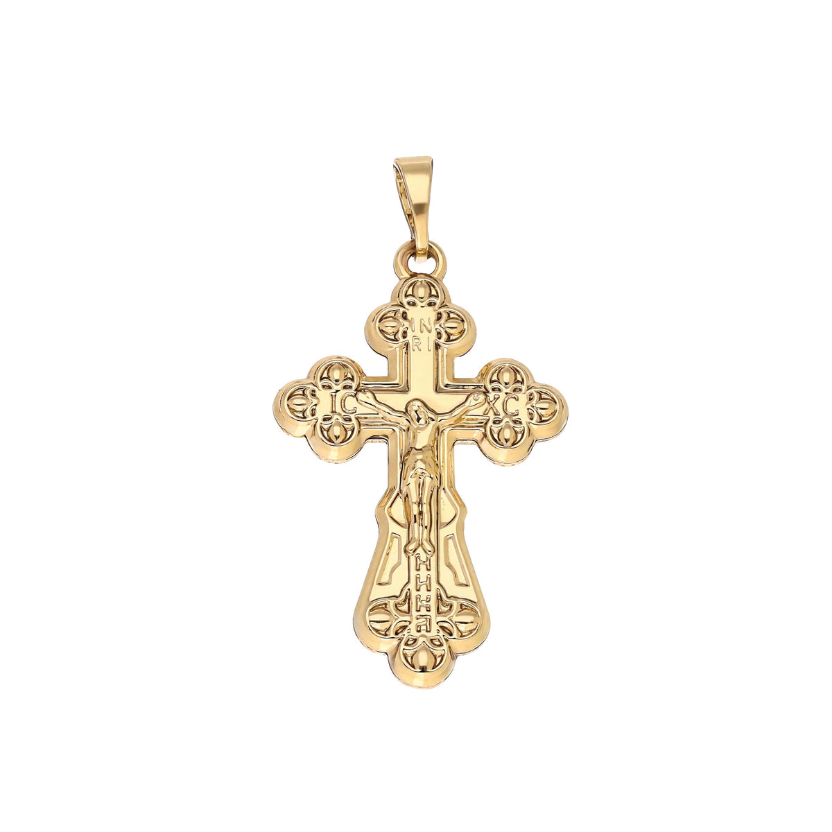 Gold-plated Orthodox cross with a relief of Jesus and an engraved prayer