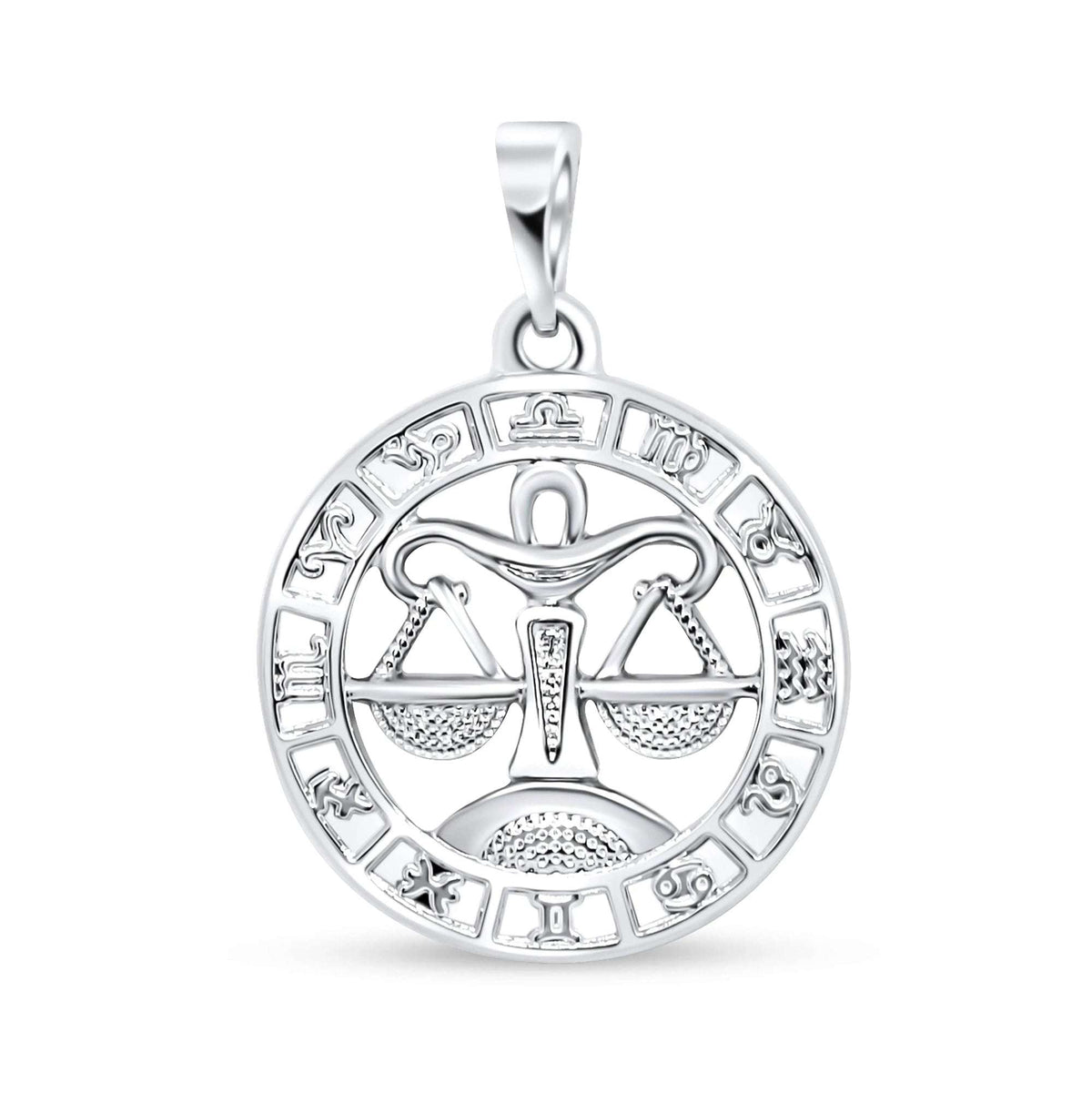 Libra pendant with textured scales at the centre and a border of 12 signs