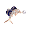 Gold-tone fish brooch with blue enamel, cubic zirconia and a white faux pearl