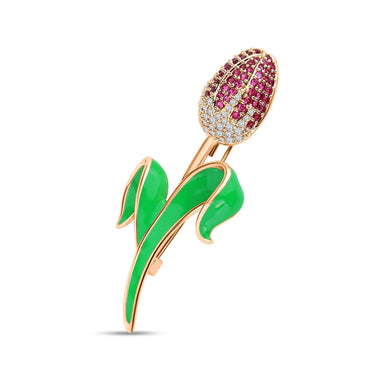 Tulip brooch with green enamel leaves
