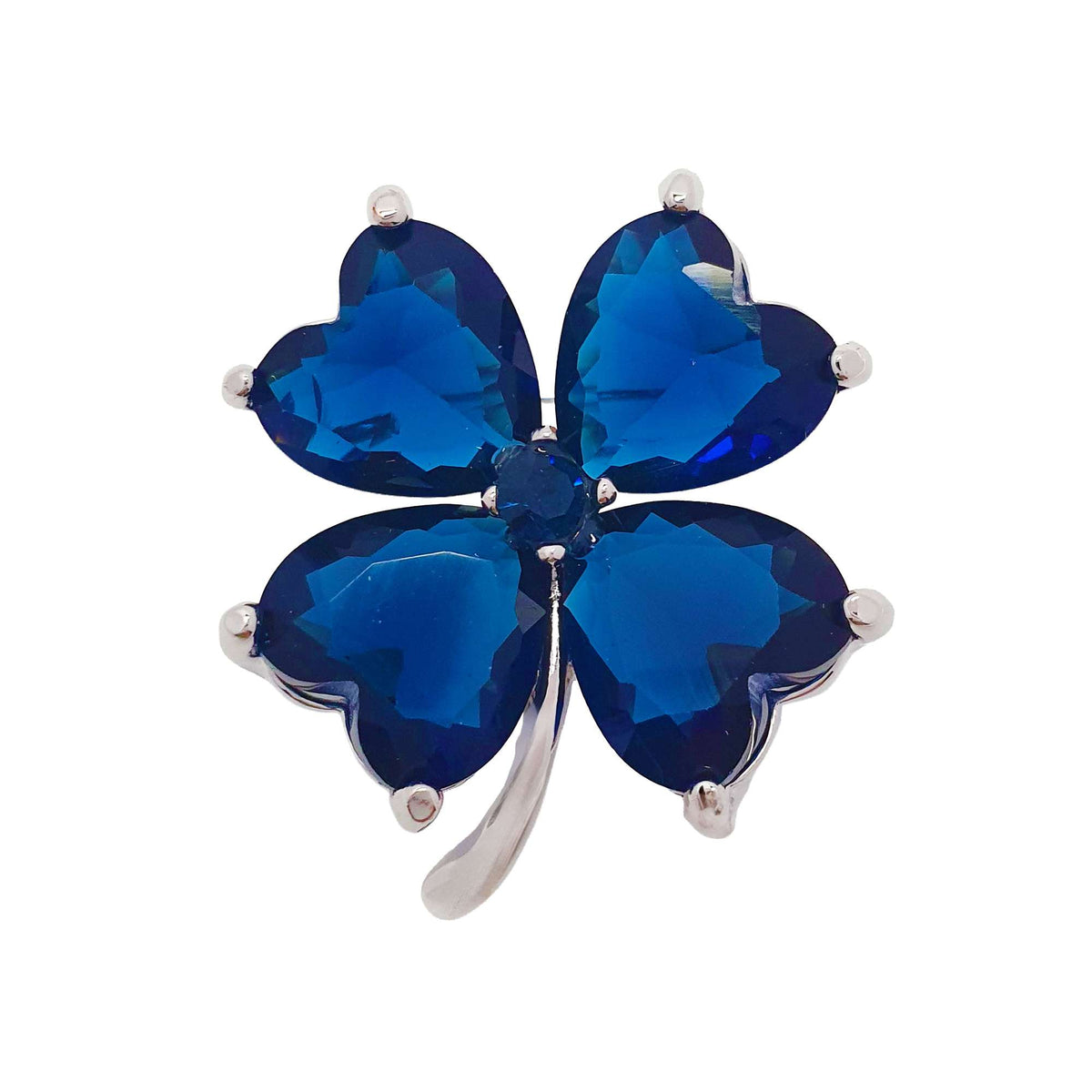 Clover brooch with four heart-shaped dark blue crystals in a silver tone