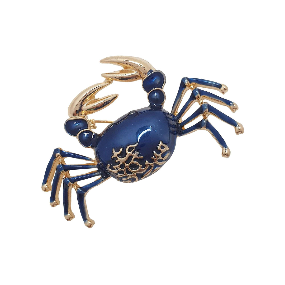 Crab brooch with dark blue enamel, gold-plated claws and a decorative shell pattern