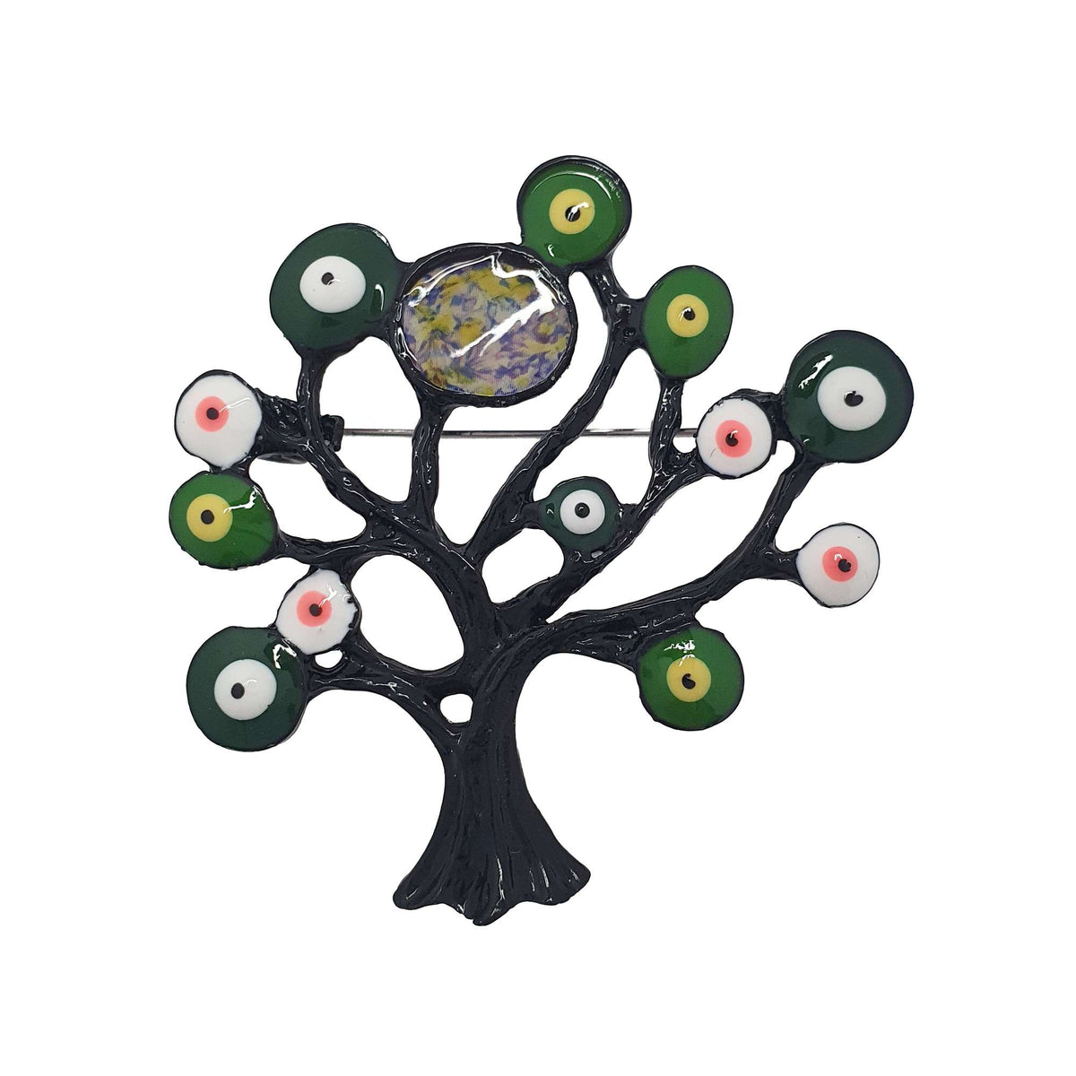 Tree of Life brooch with black branches and colourful enamel dots, white background