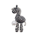 Zebra brooch with black enamel stripes, silver-tone body and a pearl accent