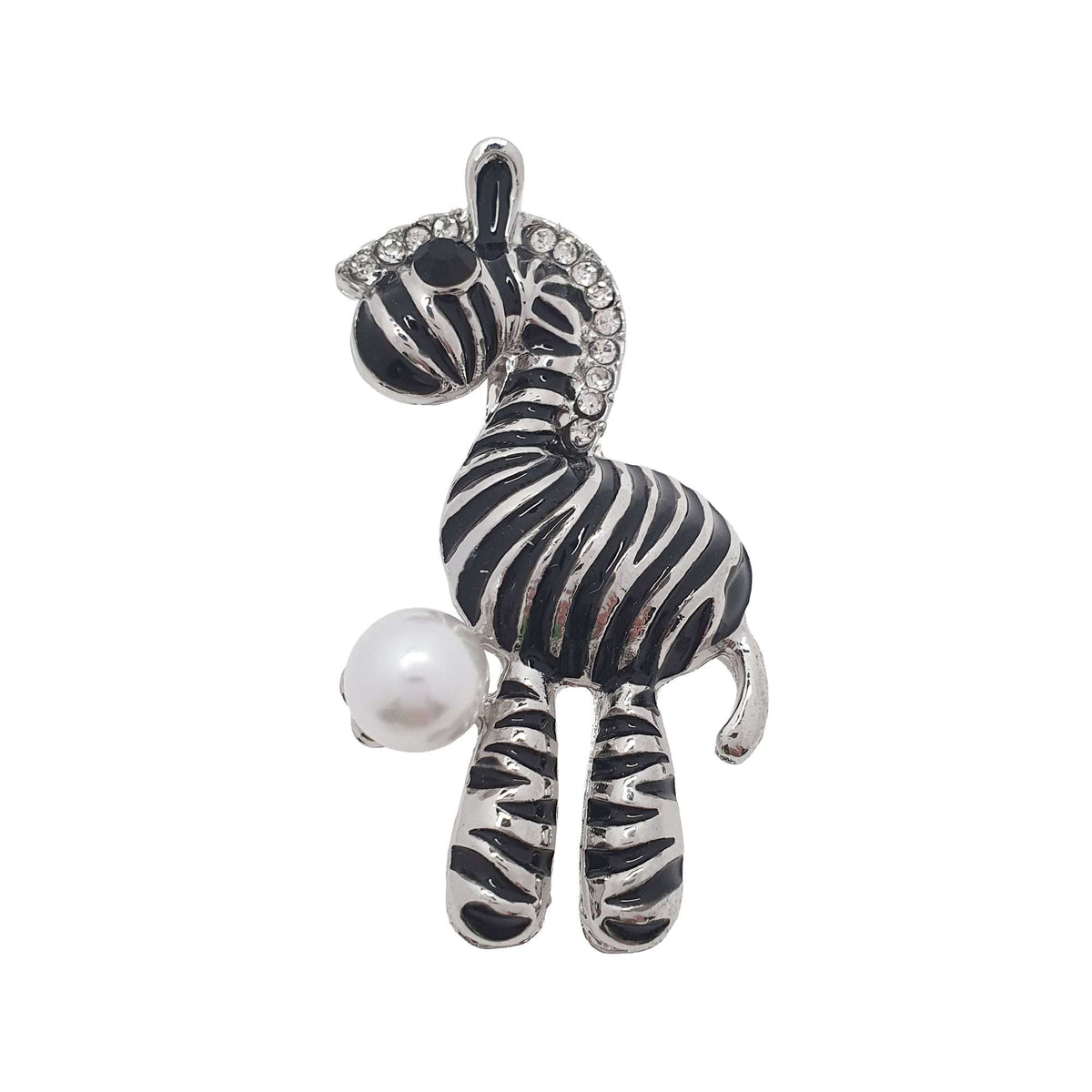 Zebra brooch with black enamel stripes, silver-tone body and a pearl accent