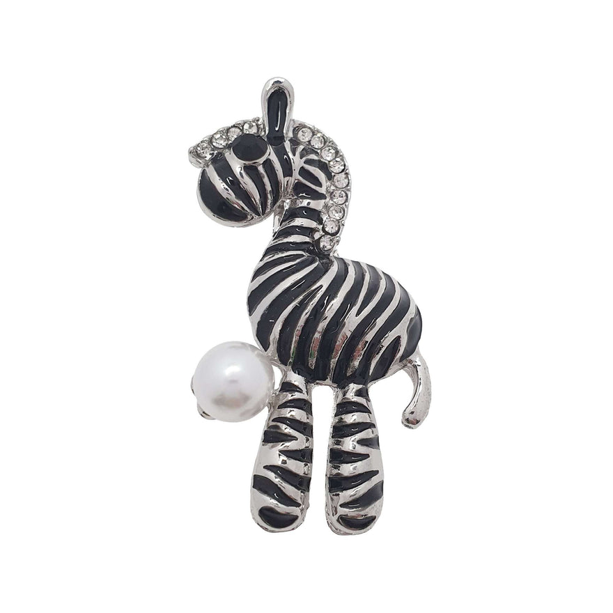 Striped zebra brooch with a faux pearl